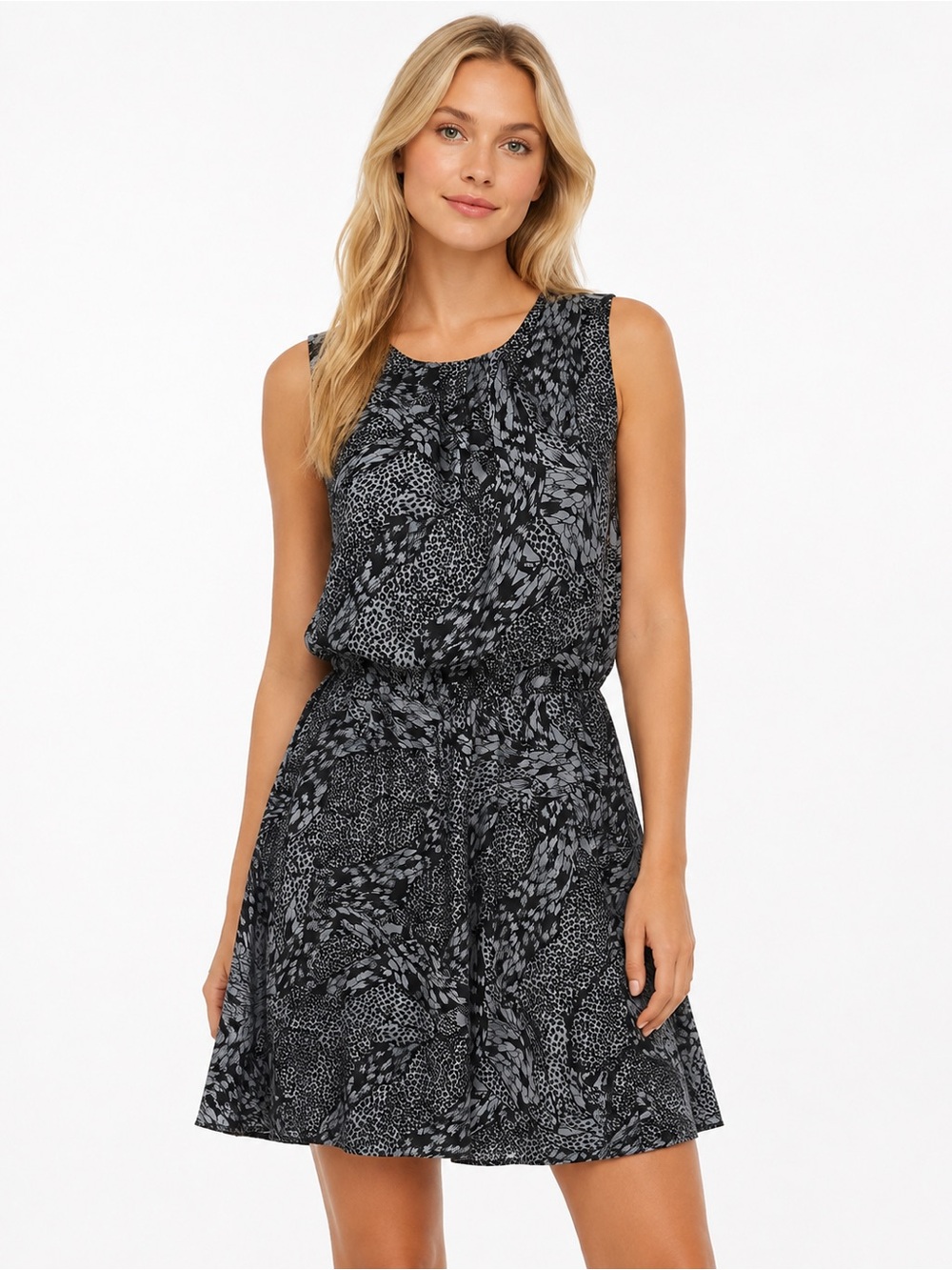 Gryphon 100% Silk Size Medium Sleeveless Black & Gray Printed Blouson Dress